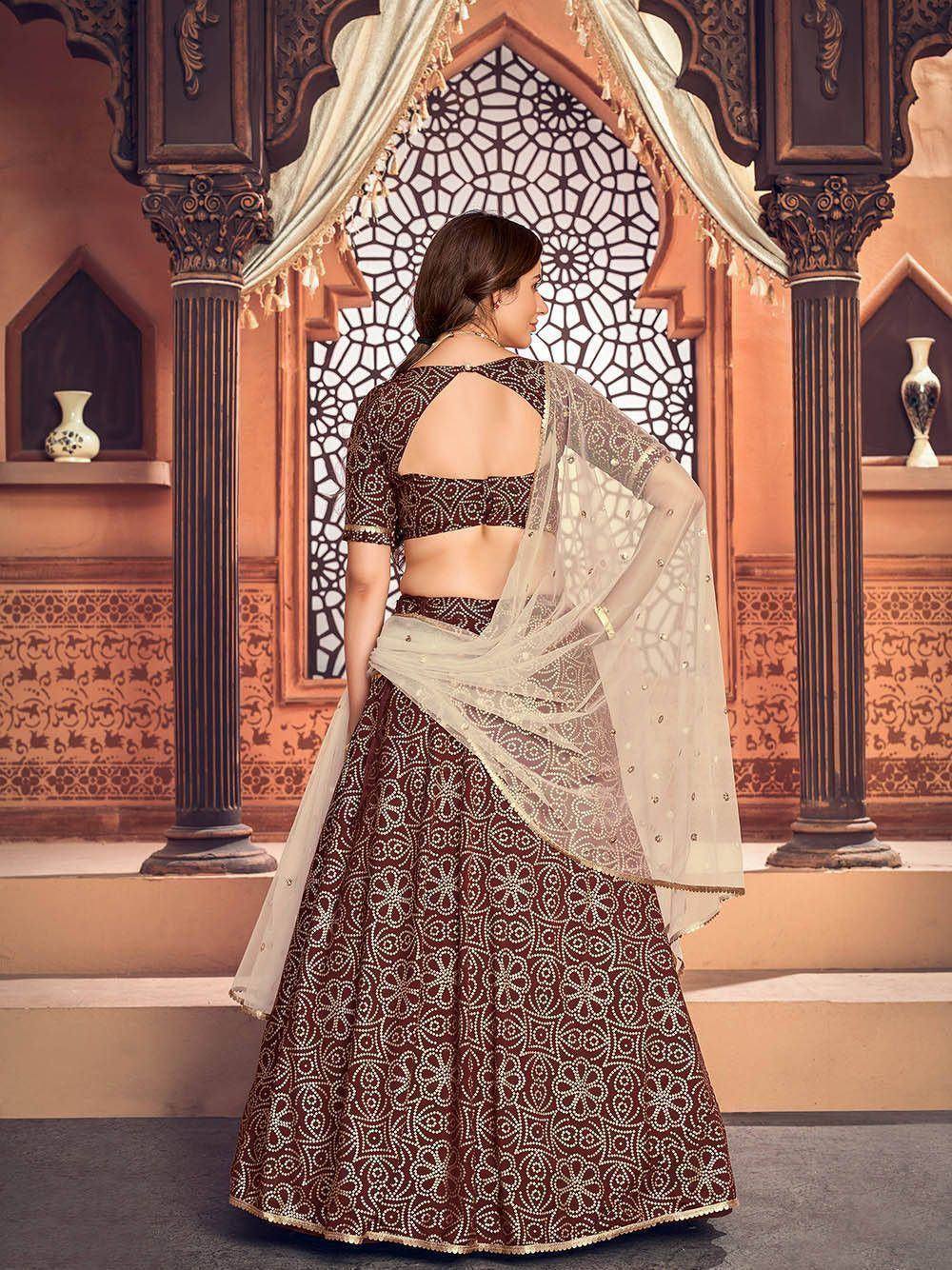 Brown floral lehenga choli with sheer dupatta, ethnic Indian wear for weddings and festivals