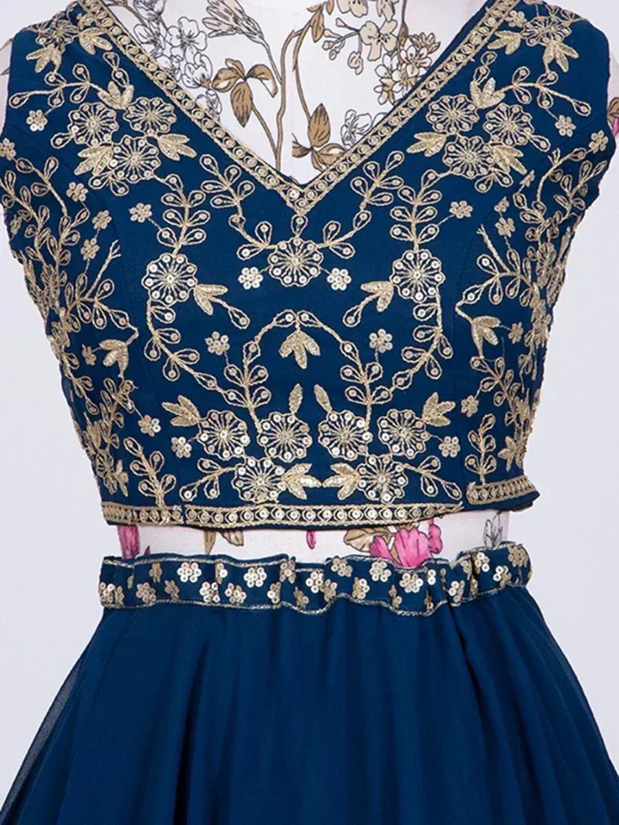 Navy blue lehenga choli with gold floral embroidery and V-neck blouse, perfect for Indian ethnic wear