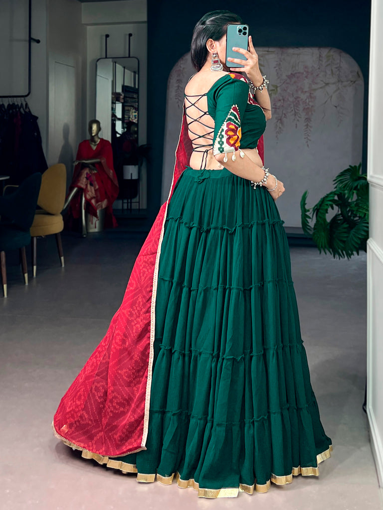 Excellent Green Georgette Navratri Wear Lehenga With Printed Blouse