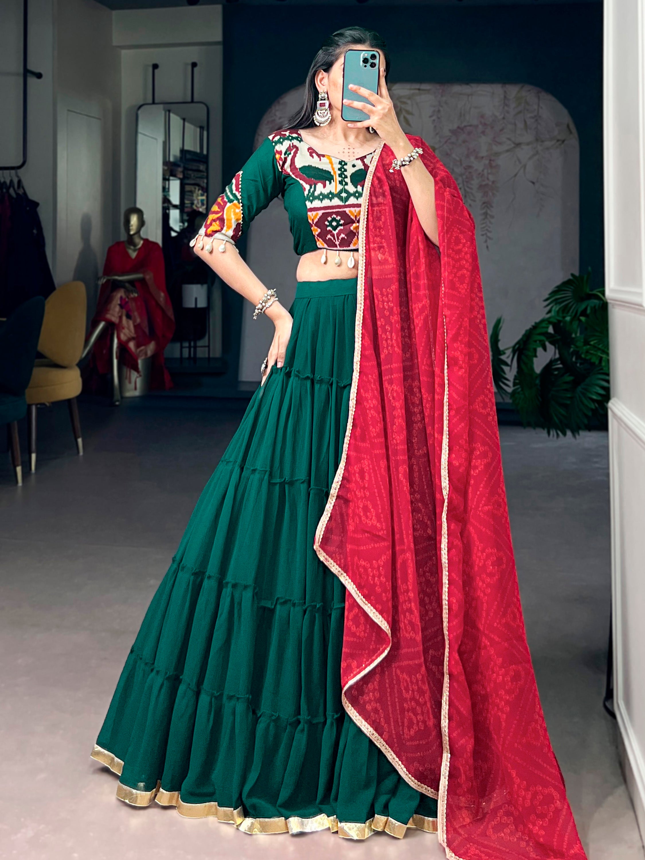 Excellent Green Georgette Navratri Wear Lehenga With Printed Blouse