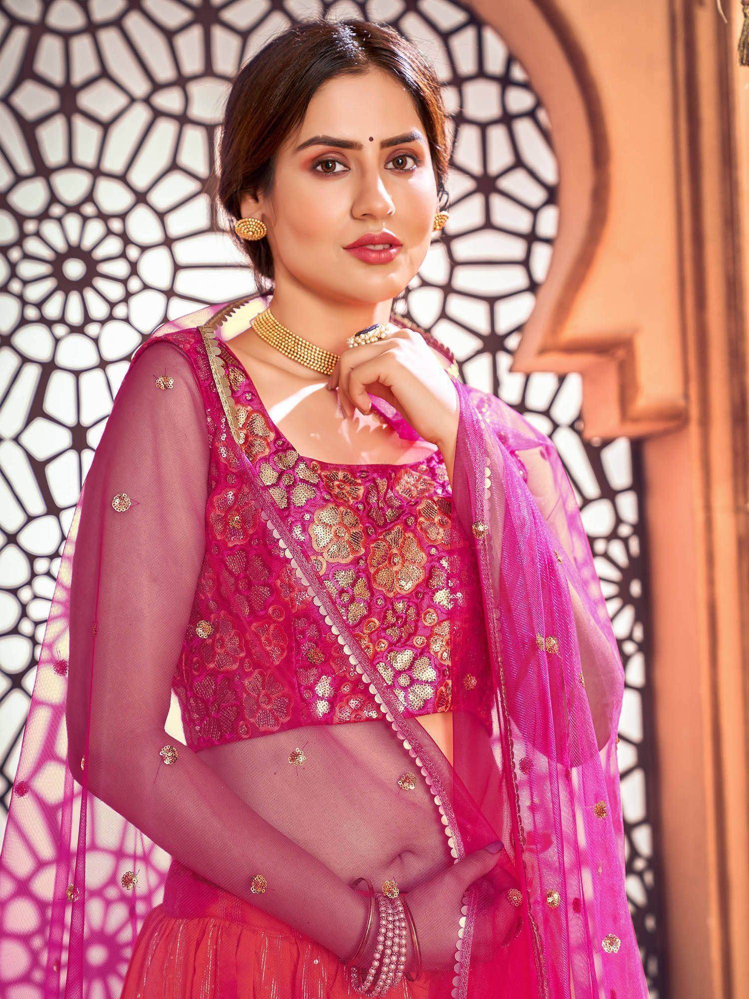 Pink embroidered lehenga choli with sheer dupatta, ethnic Indian wear for women