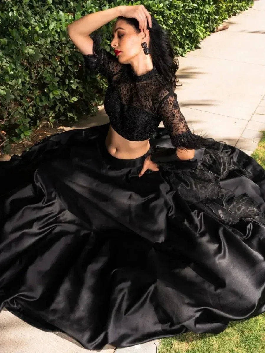 Black lace top with satin lehenga skirt, ethnic Indian wear for women