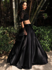 Marvelous Black Zari Embroidery Satin Ready Made Crop Top Lehenga