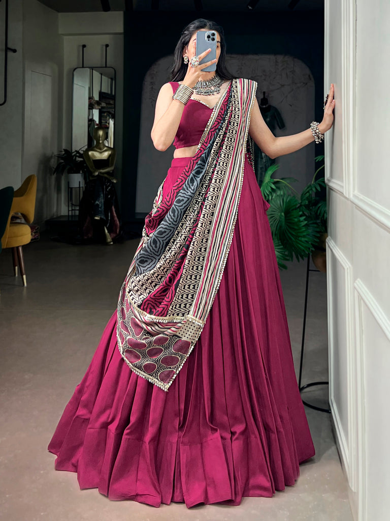 Elegant Maroon Rayon Navratri Lehenga Choli With Mirror Laced Dupatta