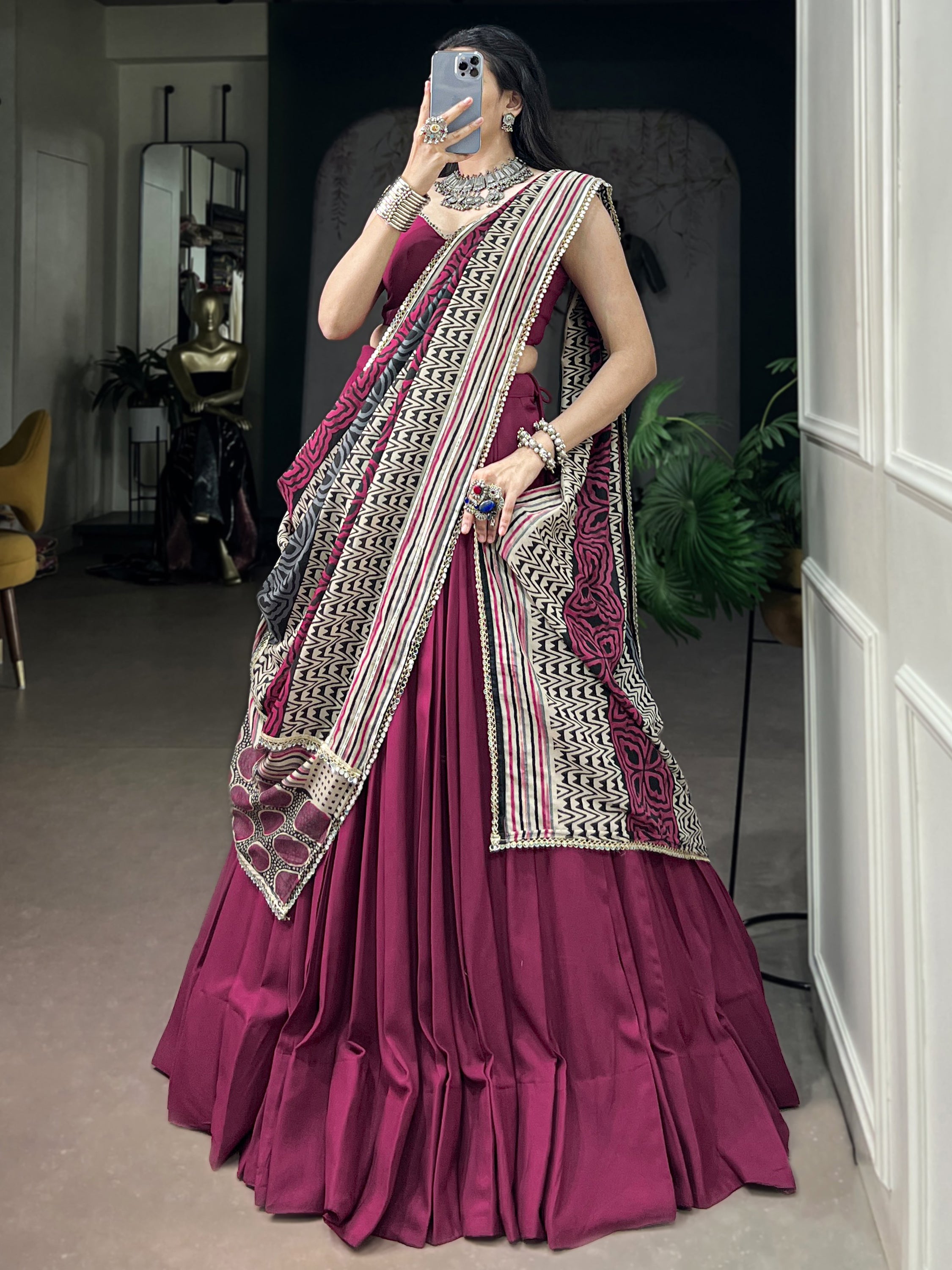 Elegant Maroon Rayon Navratri Lehenga Choli With Mirror Laced Dupatta