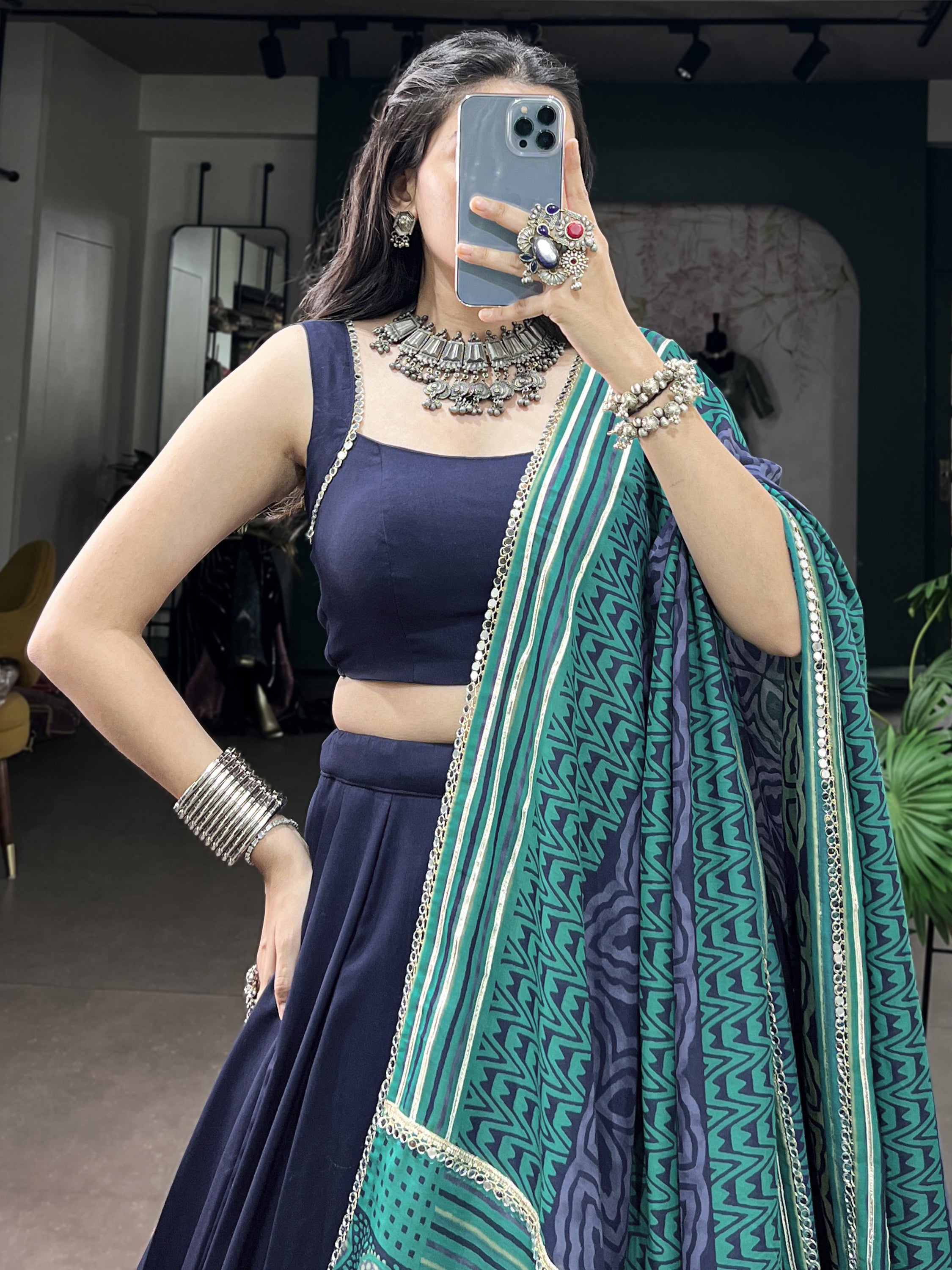 Regal Navy Blue Mirror Laced Rayon Navratri Wear Lehenga Choli