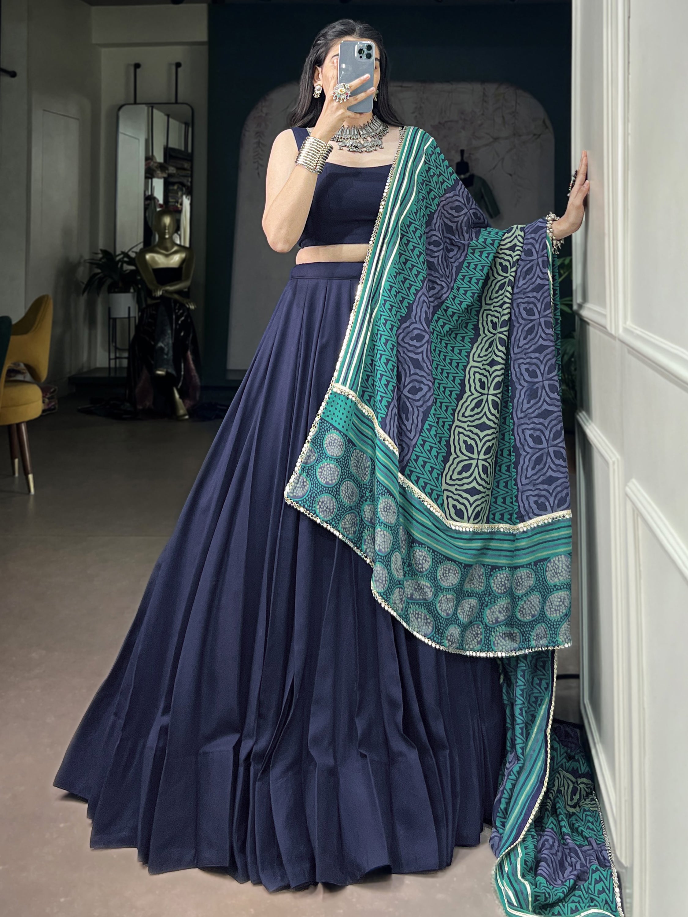 Regal Navy Blue Mirror Laced Rayon Navratri Wear Lehenga Choli