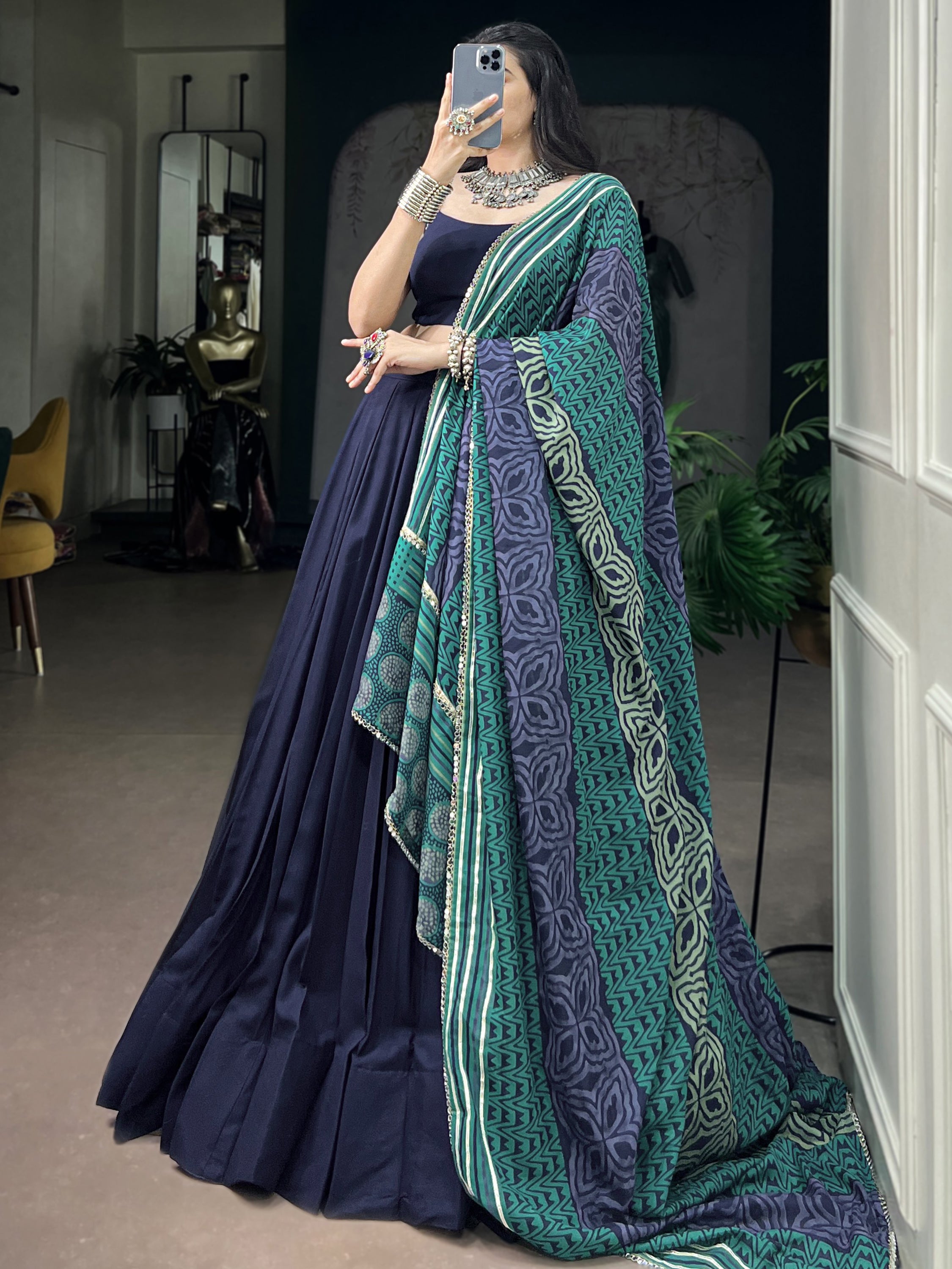 Regal Navy Blue Mirror Laced Rayon Navratri Wear Lehenga Choli