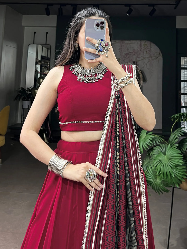 Amazing Red Rayon Navratri Wear Lehenga Choli With Printed Dupatta