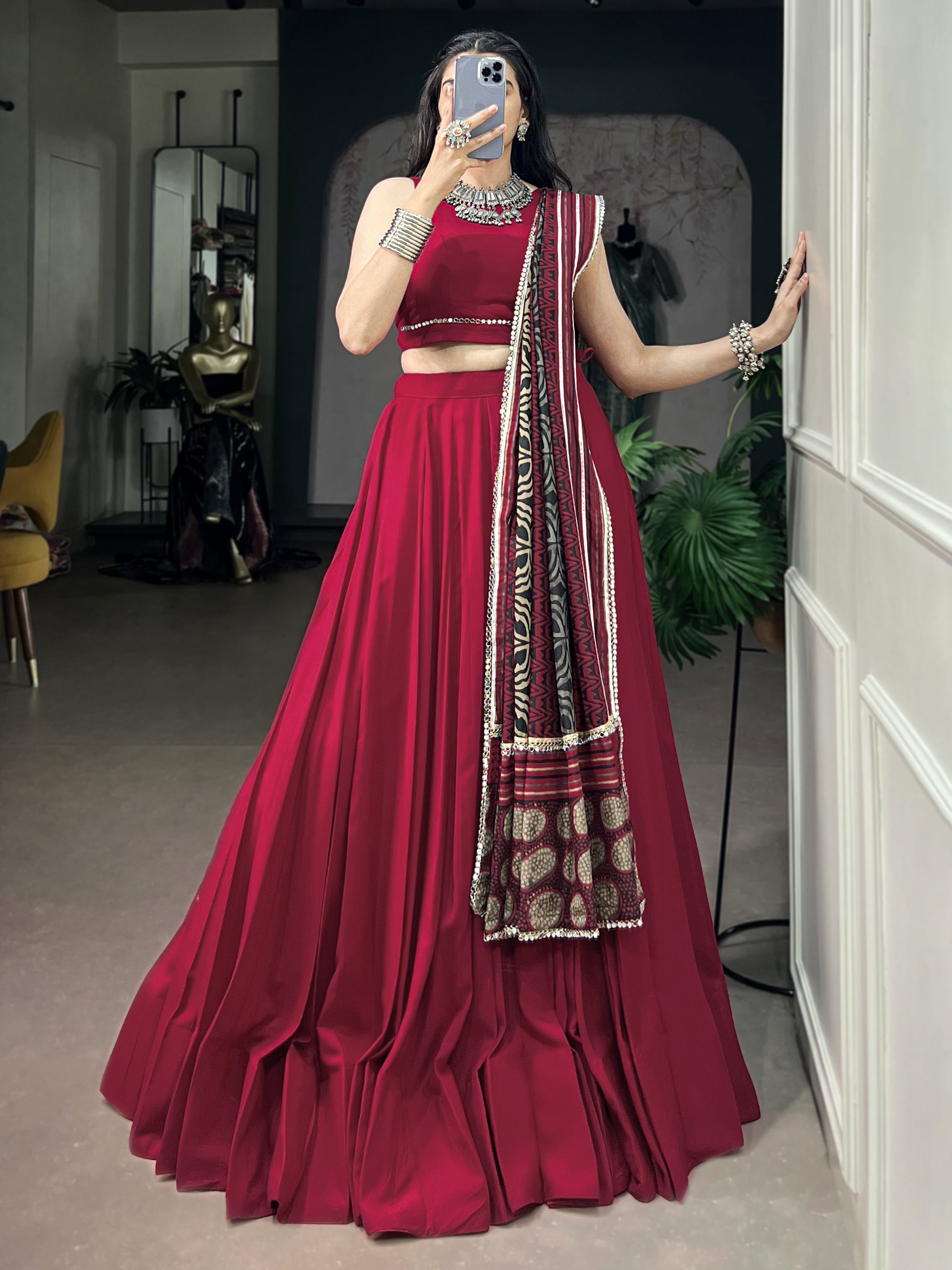 Amazing Red Rayon Navratri Wear Lehenga Choli With Printed Dupatta