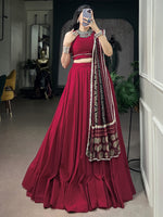 Amazing Red Rayon Navratri Wear Lehenga Choli With Printed Dupatta