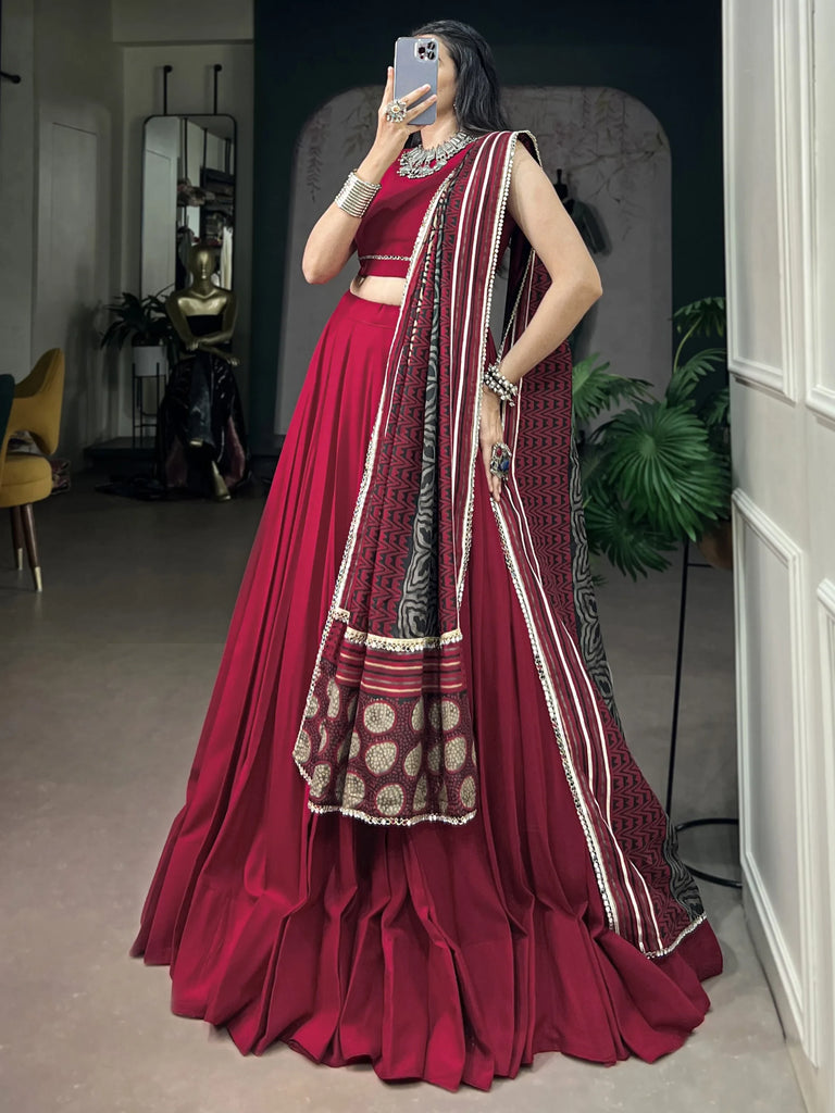 Amazing Red Rayon Navratri Wear Lehenga Choli With Printed Dupatta
