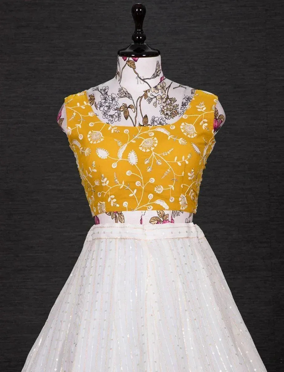 Yellow embroidered blouse with white sequin lehenga, Indian ethnic wear