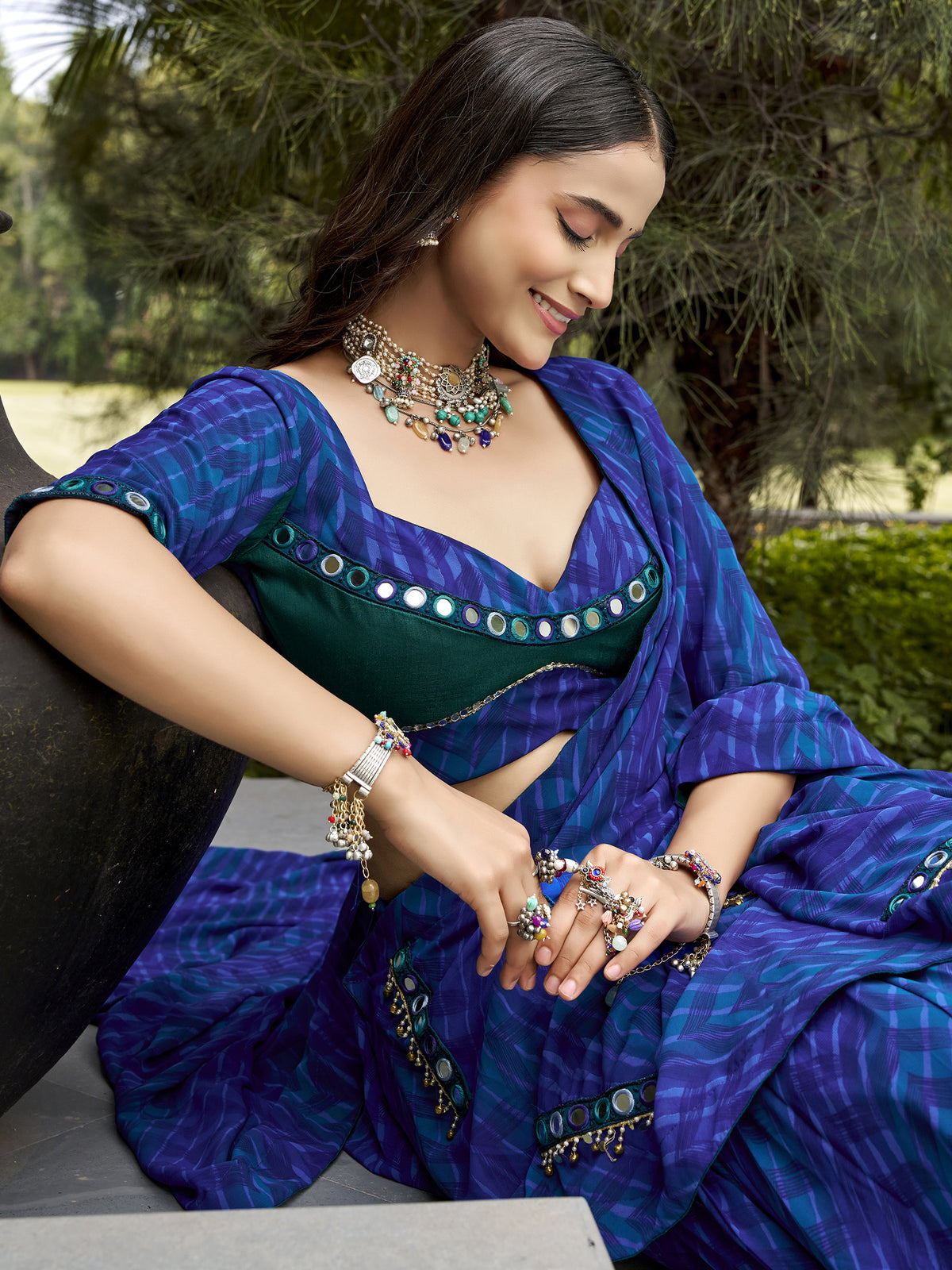 Great Navy Blue Mirror Work Georgette Navratri Special Lehenga Choli