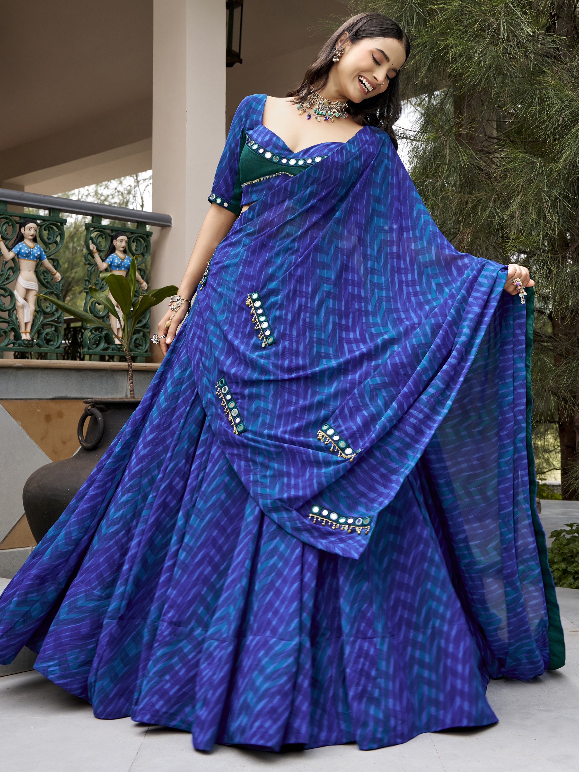 Great Navy Blue Mirror Work Georgette Navratri Special Lehenga Choli
