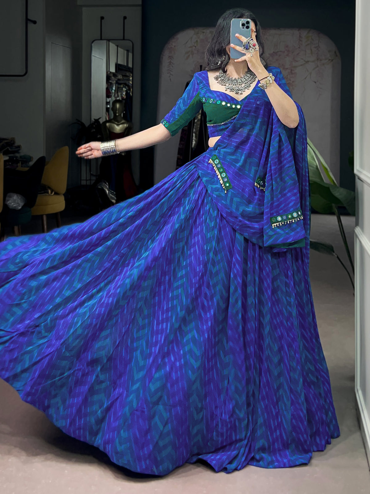 Elegant Navy Blue Digital Printed Georgette Navratri Wear Lehenga Choli