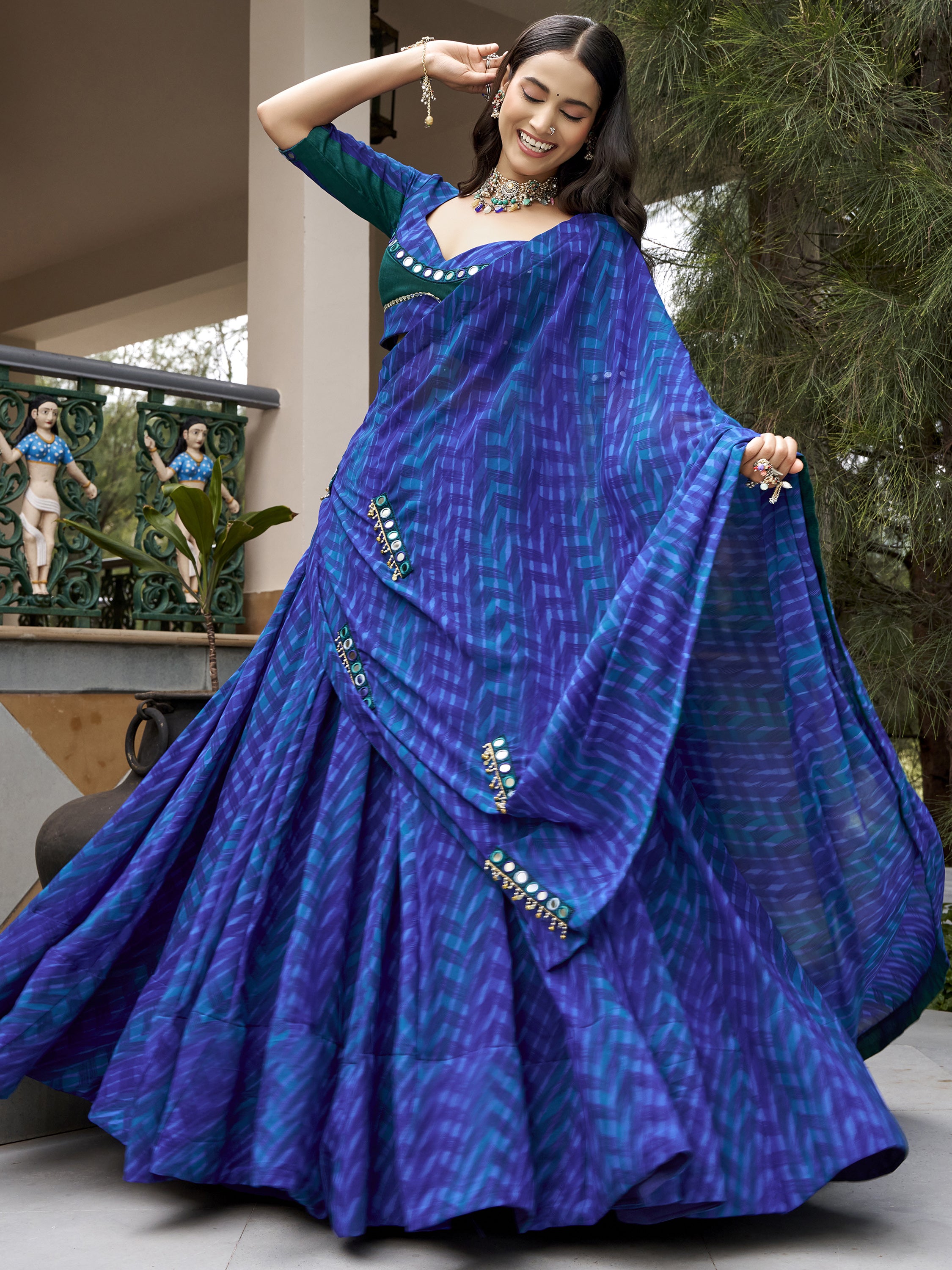 Great Navy Blue Mirror Work Georgette Navratri Special Lehenga Choli