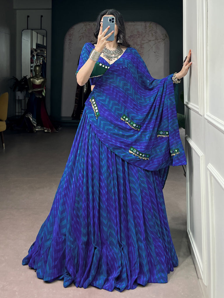 Elegant Navy Blue Digital Printed Georgette Navratri Wear Lehenga Choli