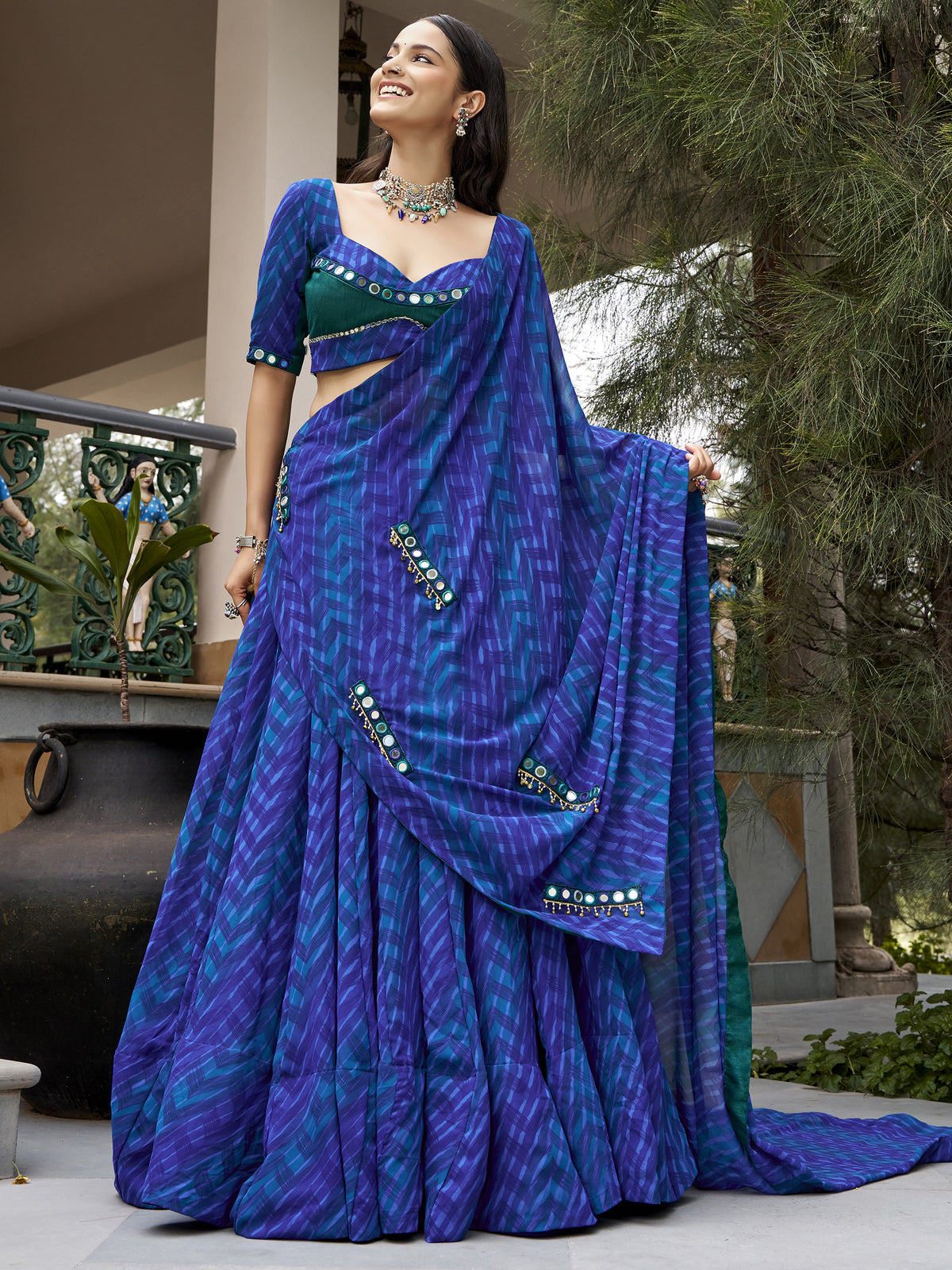 Great Navy Blue Mirror Work Georgette Navratri Special Lehenga Choli