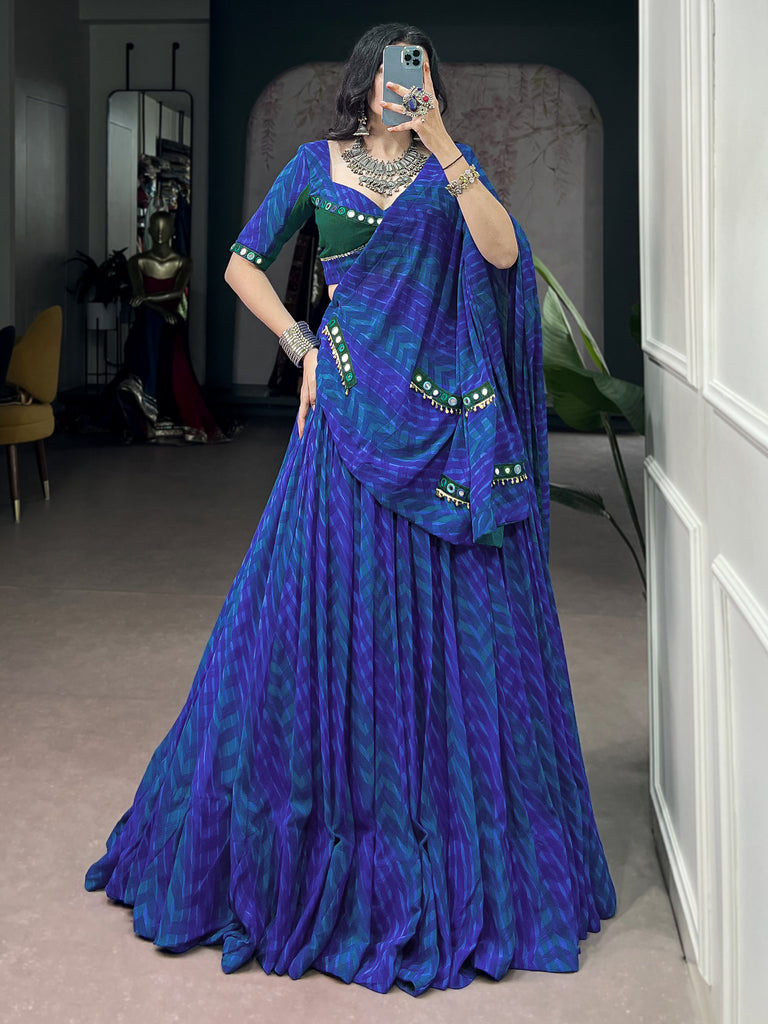 Elegant Navy Blue Digital Printed Georgette Navratri Wear Lehenga Choli