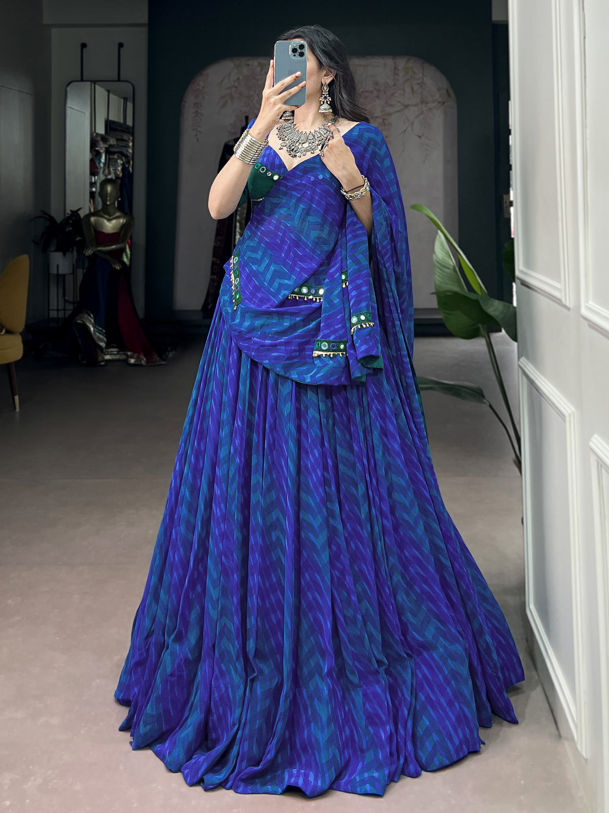 Elegant Navy Blue Digital Printed Georgette Navratri Wear Lehenga Choli