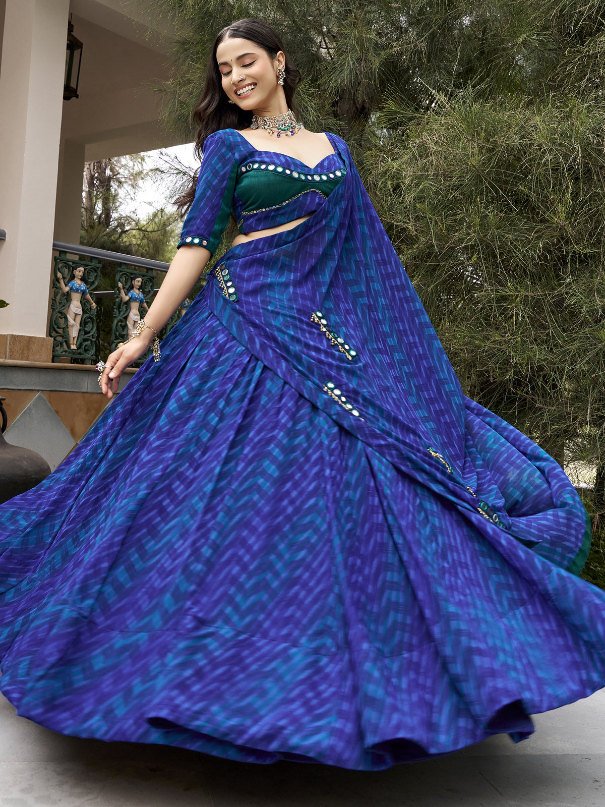 Great Navy Blue Mirror Work Georgette Navratri Special Lehenga Choli
