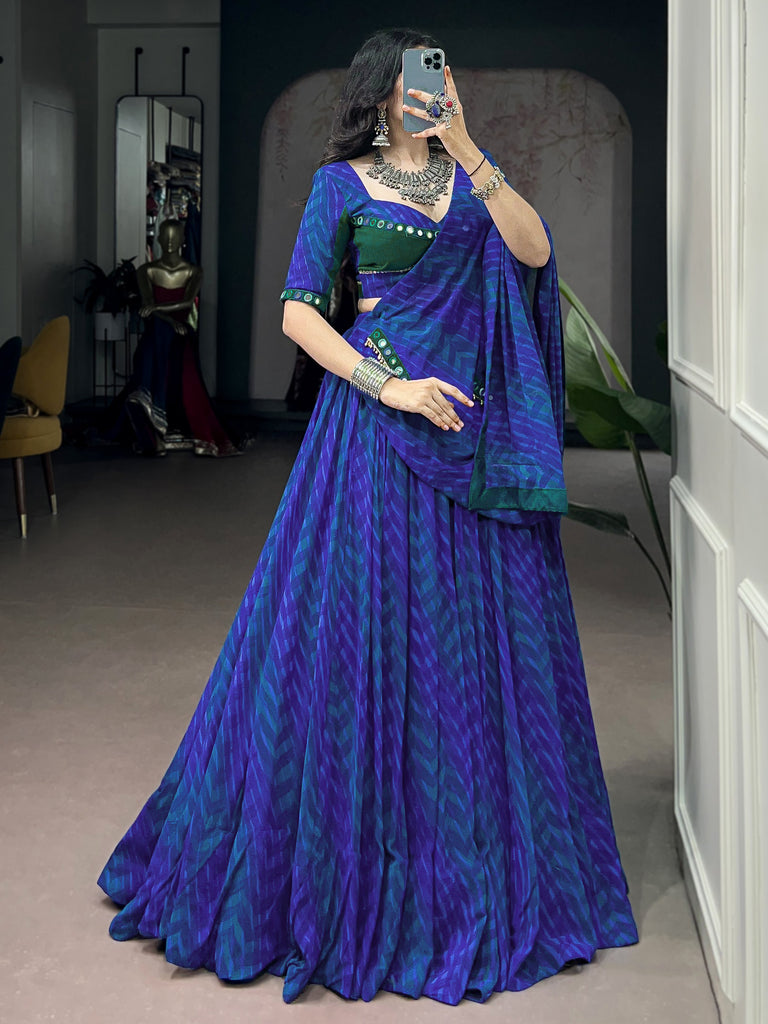 Elegant Navy Blue Digital Printed Georgette Navratri Wear Lehenga Choli