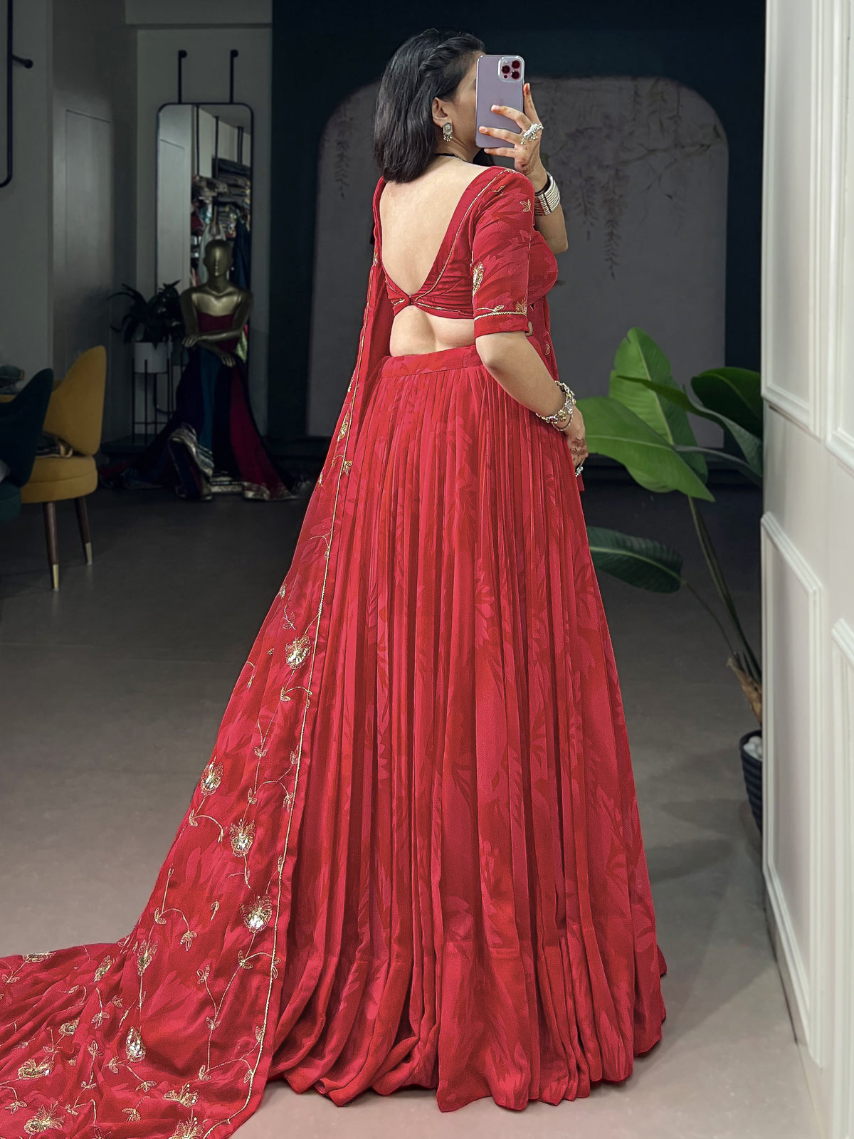 Gorgeous Coral Red Sequins Georgette Navratri Wear Lehenga Choli With Dupatta