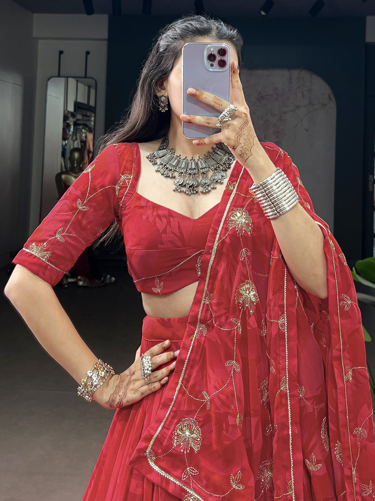 Gorgeous Coral Red Sequins Georgette Navratri Wear Lehenga Choli With Dupatta