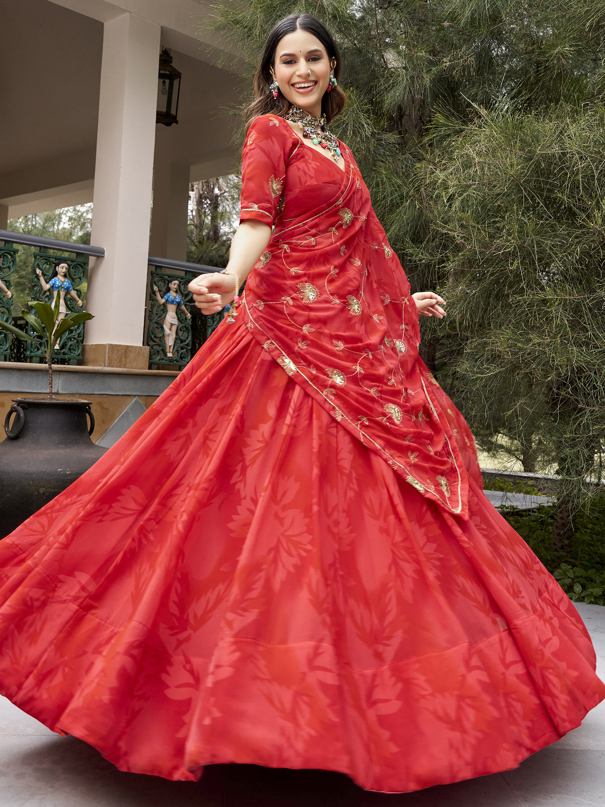 Regal Coral Red Navratri Wear Lehenga Choli With Embroidered Dupatta