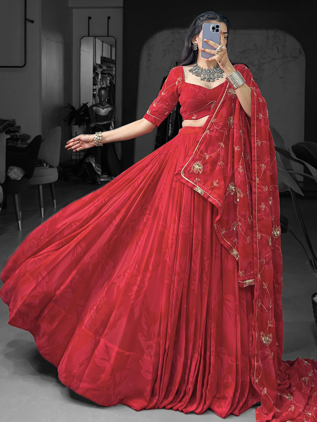 Gorgeous Coral Red Sequins Georgette Navratri Wear Lehenga Choli With Dupatta