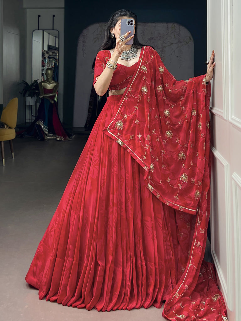 Gorgeous Coral Red Sequins Georgette Navratri Wear Lehenga Choli With Dupatta