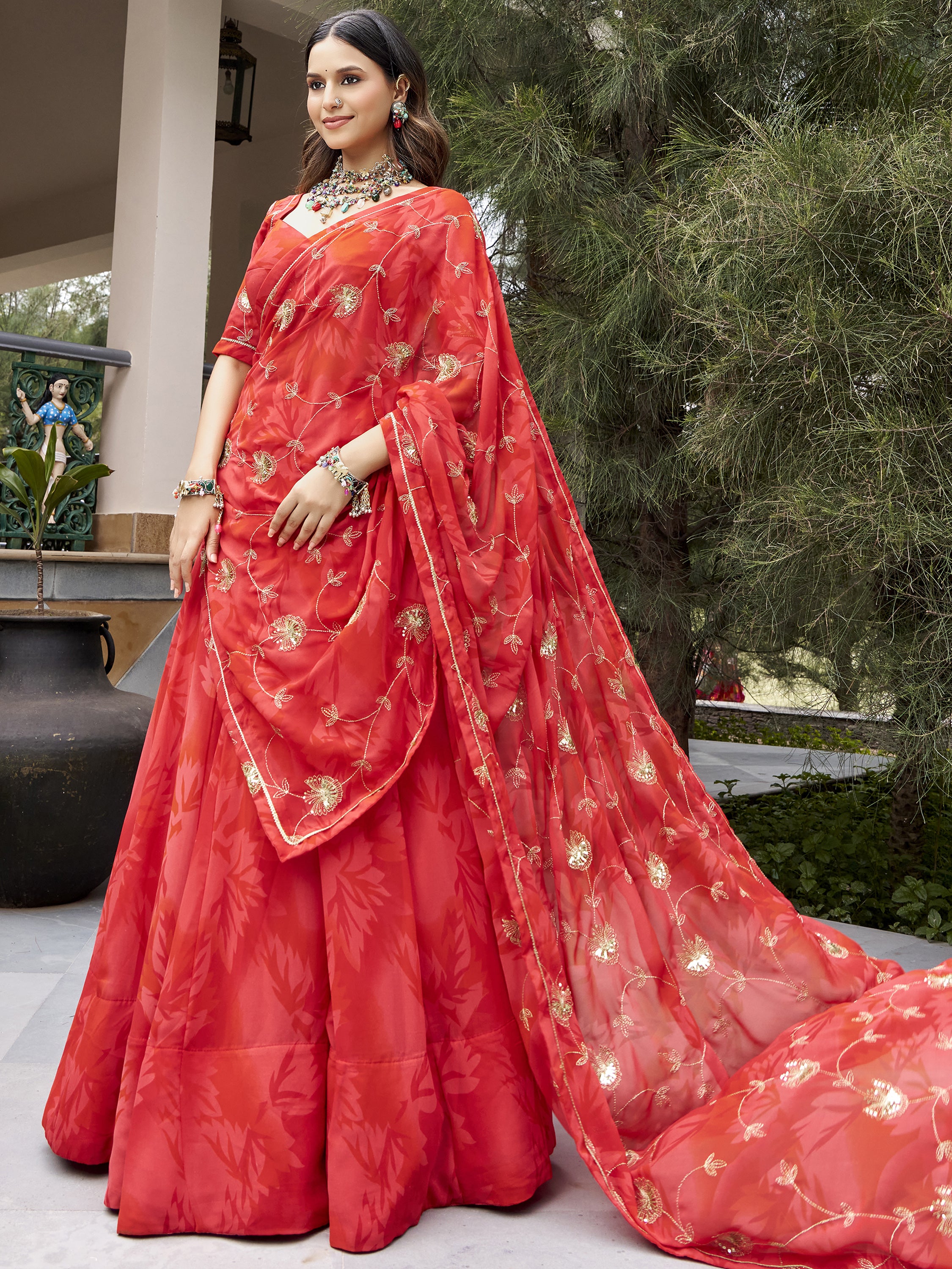 Regal Coral Red Navratri Wear Lehenga Choli With Embroidered Dupatta