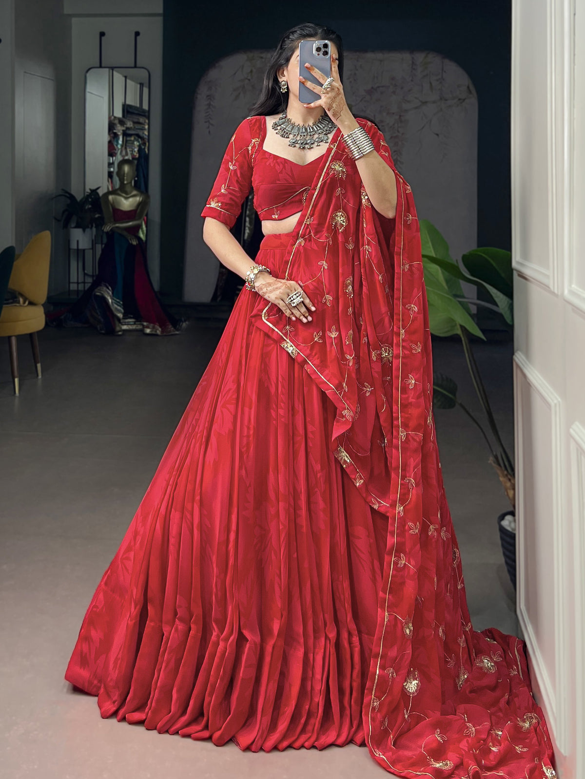 Gorgeous Coral Red Sequins Georgette Navratri Wear Lehenga Choli With Dupatta