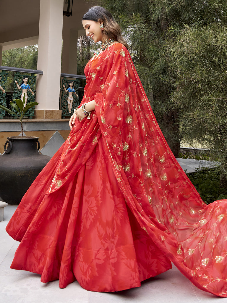 Regal Coral Red Navratri Wear Lehenga Choli With Embroidered Dupatta