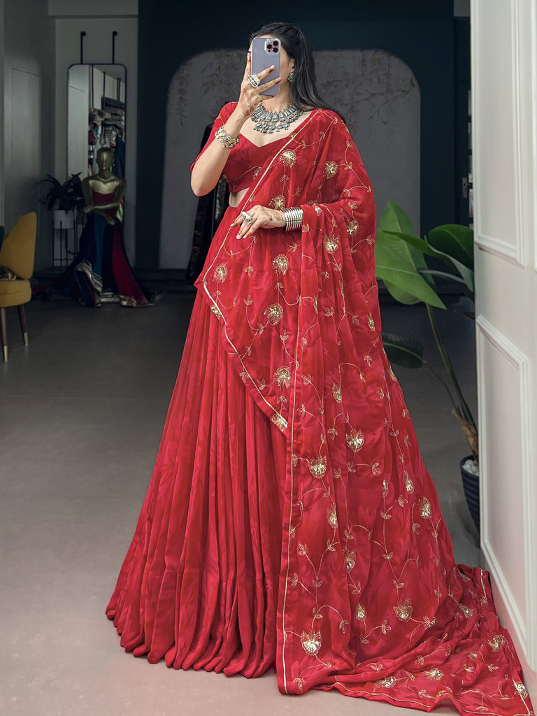 Gorgeous Coral Red Sequins Georgette Navratri Wear Lehenga Choli With Dupatta