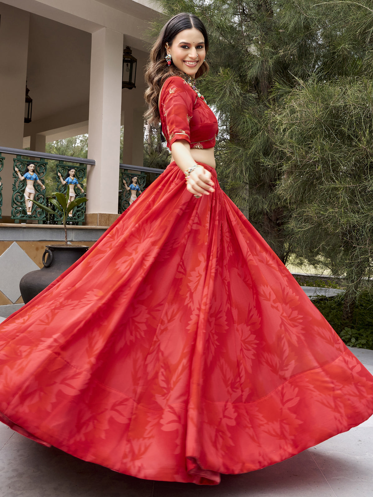 Regal Coral Red Navratri Wear Lehenga Choli With Embroidered Dupatta