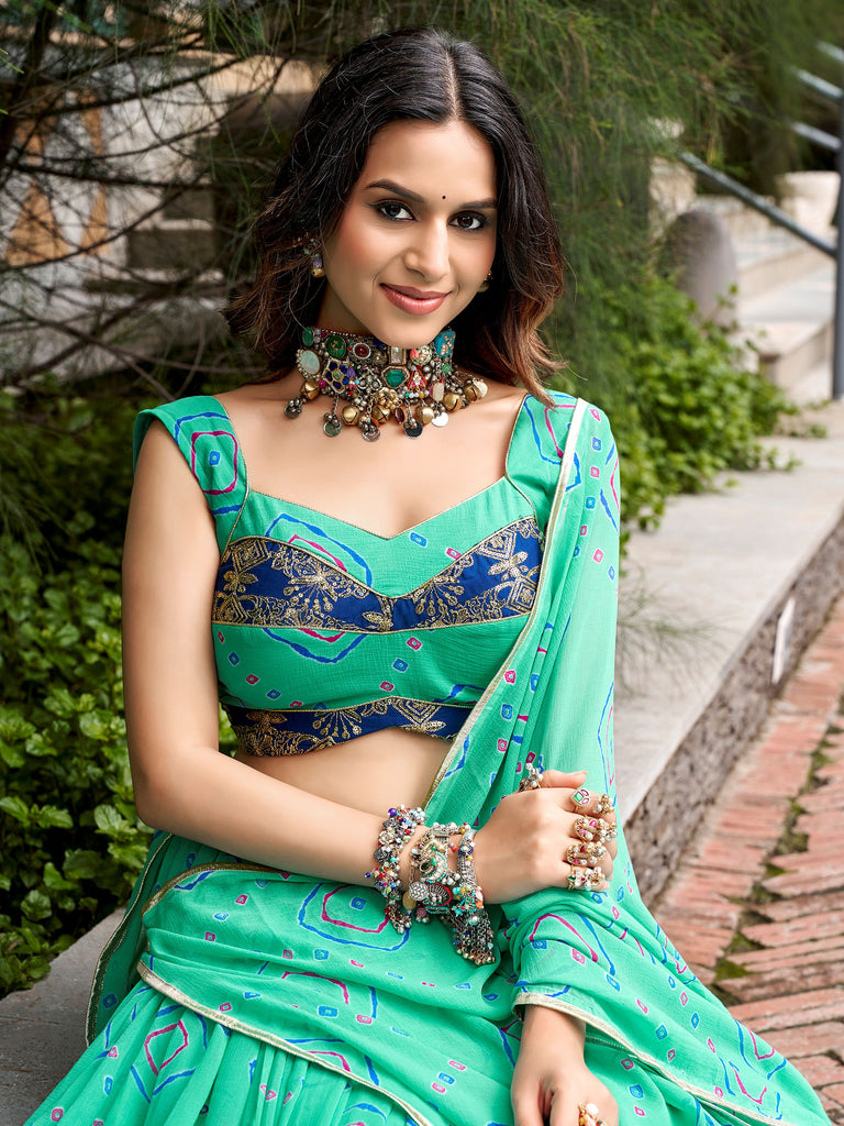 Chic Aqua Green Bandhej Printed Navratri Wear Lehenga Choli With Dupatta