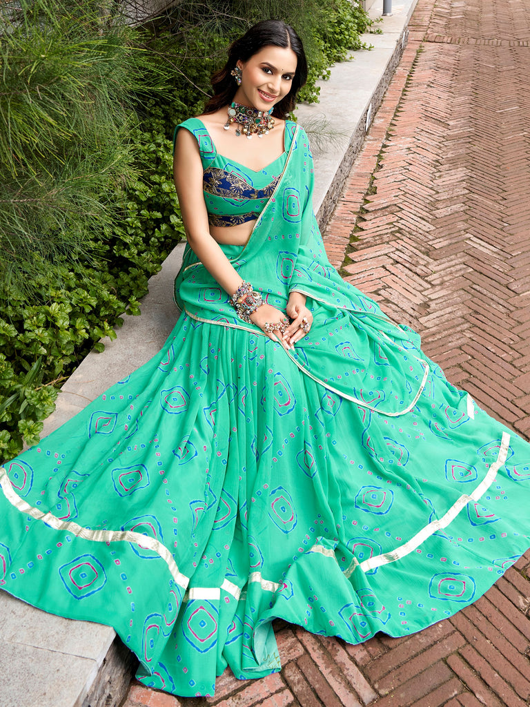 Chic Aqua Green Bandhej Printed Navratri Wear Lehenga Choli With Dupatta