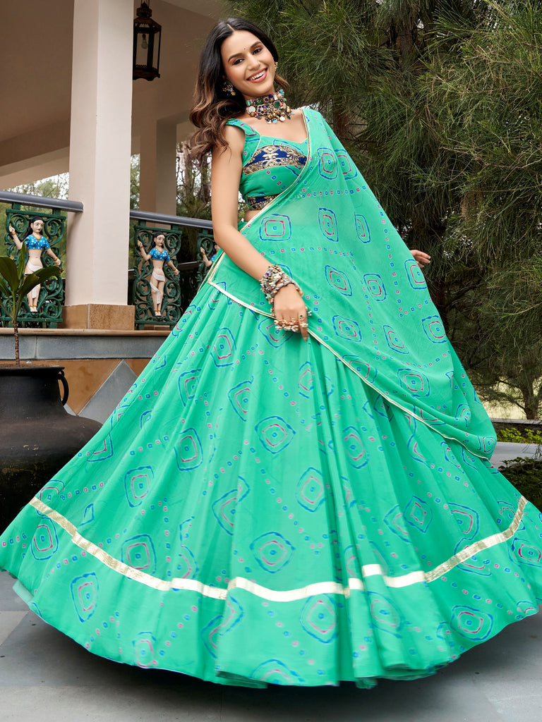 Chic Aqua Green Bandhej Printed Navratri Wear Lehenga Choli With Dupatta