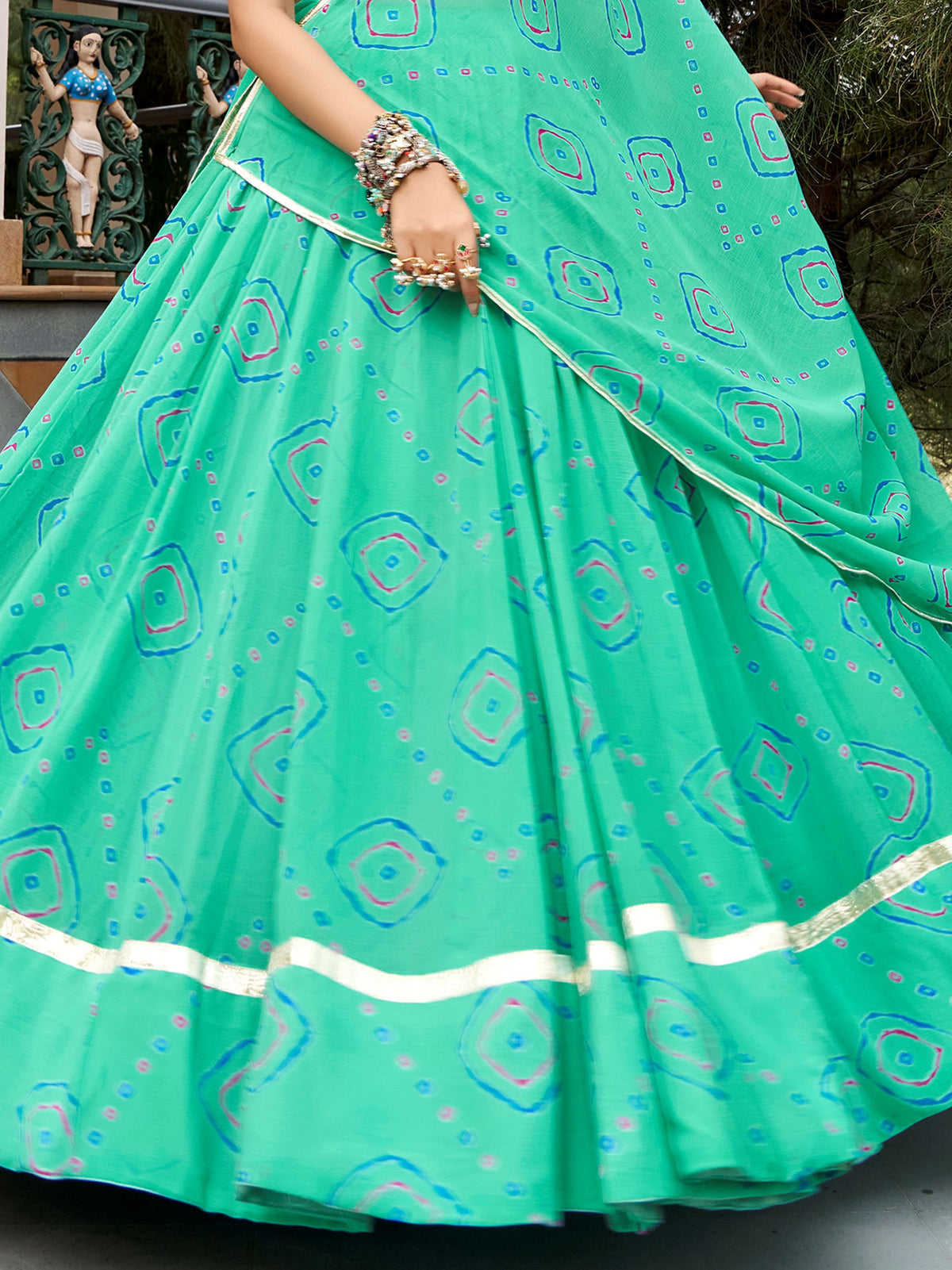 Chic Aqua Green Bandhej Printed Navratri Wear Lehenga Choli With Dupatta