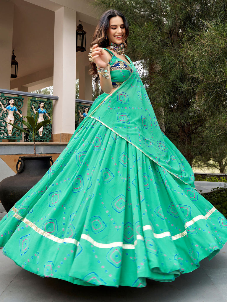 Chic Aqua Green Bandhej Printed Navratri Wear Lehenga Choli With Dupatta