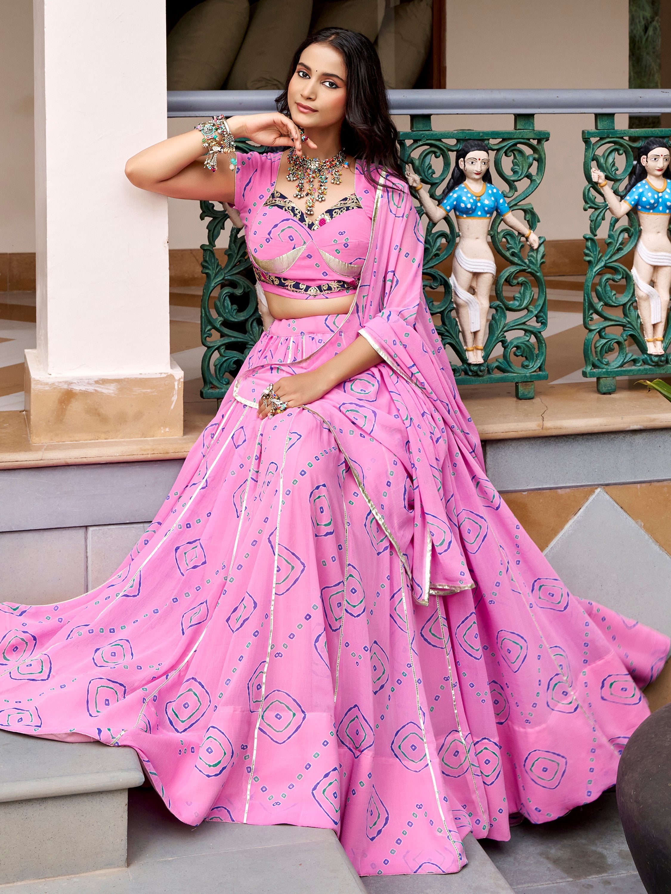 Classic Light Pink Bandhej Printed Navratri Special Lehenga Choli