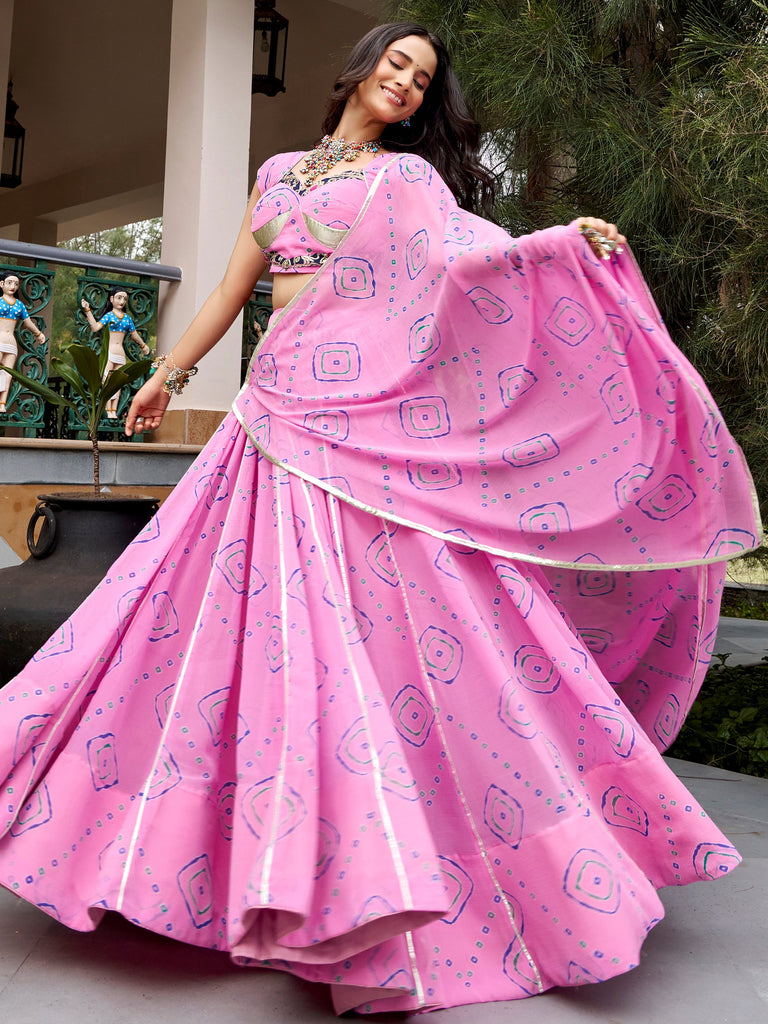 Classic Light Pink Bandhej Printed Navratri Special Lehenga Choli