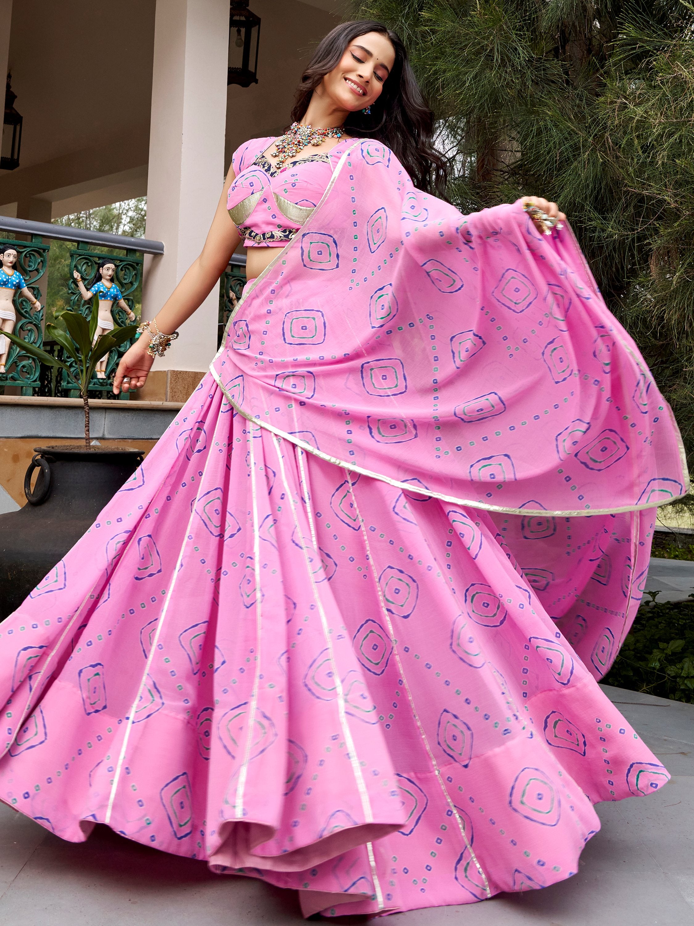 Classic Light Pink Bandhej Printed Navratri Special Lehenga Choli