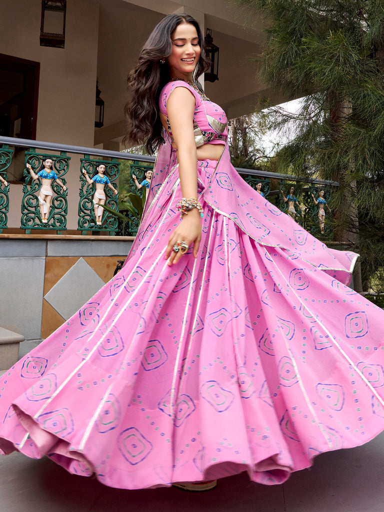 Classic Light Pink Bandhej Printed Navratri Special Lehenga Choli