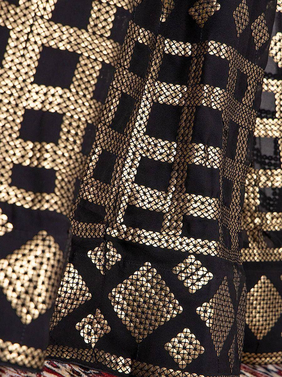 Black and gold geometric patterned ethnic wear fabric, ideal for designer lehenga choli or saree