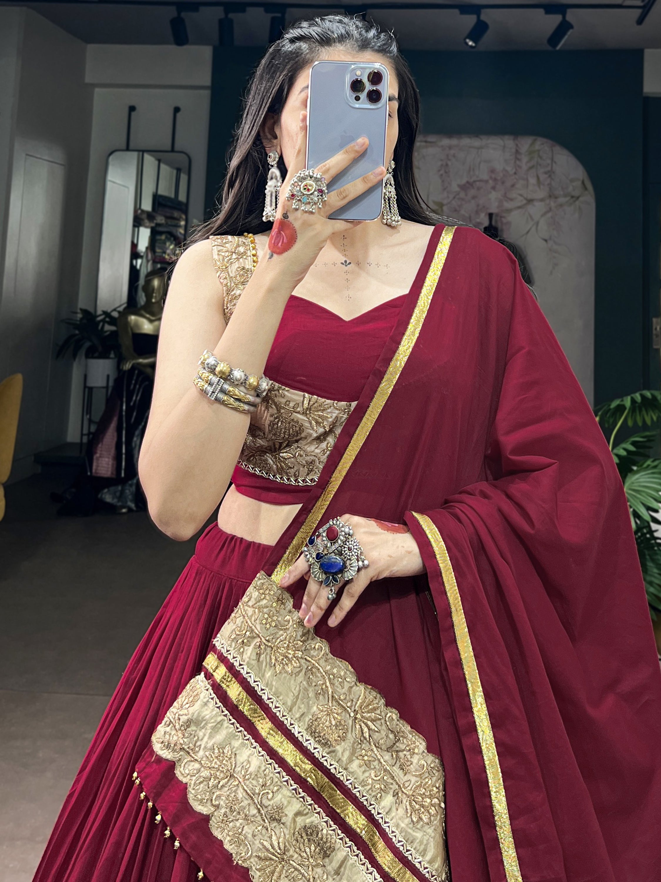 Notable Maroon Cotton Navratri Lehenga Choli With Embroidered Dupatta