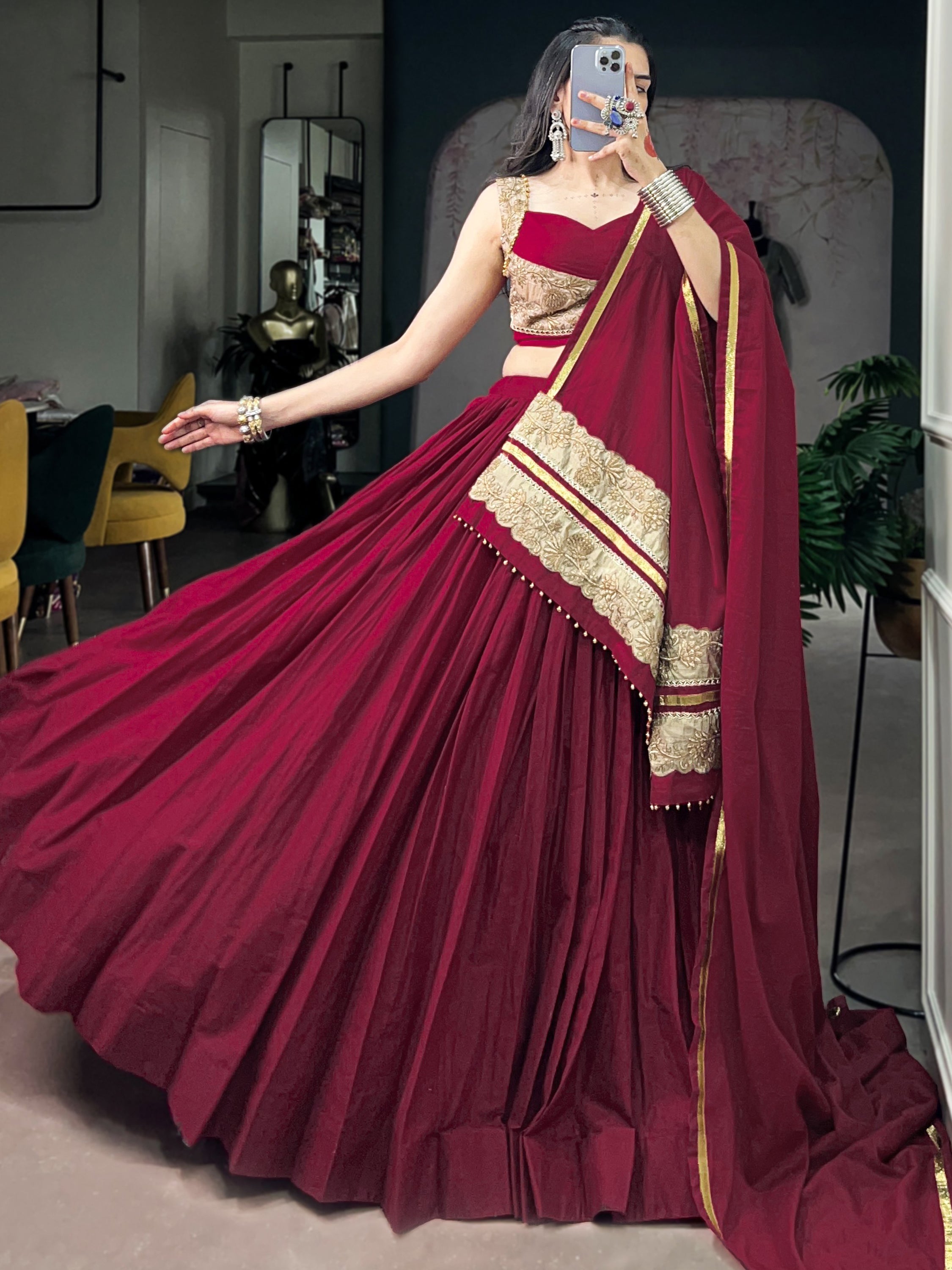 Notable Maroon Cotton Navratri Lehenga Choli With Embroidered Dupatta