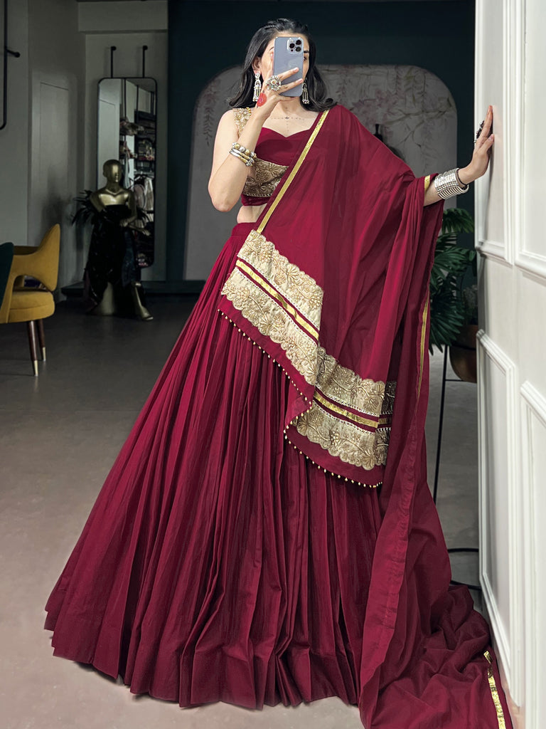 Notable Maroon Cotton Navratri Lehenga Choli With Embroidered Dupatta